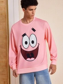 SpongeBob SquarePants | SHEIN Men's Cartoon Pattern Print Crew Neck Pullover Sweatshirt - Pink - View 1