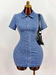 Slaydiva Plus Size Women's Collared Short Sleeve Zipper Denim Mini Dress - Blue - View 8