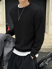DAZY Spring/Autumn Round Neck Black Ribbed Heavyweight Loose Fit Men's Pullover Sweatshirt - Black - View 4