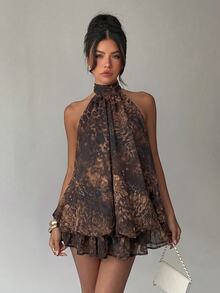 Aloruh Women's Elegant Pale Yellow Halter Neck Tie Mini Dress - Brown - View 7