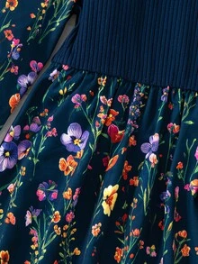 Tween Girls Dress, Navy Blue, Slim Fit, Casual Wear, Fashionable Versatile, Elegant, Floral, Ruffle, Party, Print, Autumn, Sweet - Multicolor - View 7