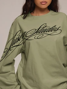 MUSERA 白色圖形 Logo 細節長袖上衣 冬季休閒日常舒適穿搭 女款酷白色上衣 - 橄欖綠 - 查看 6