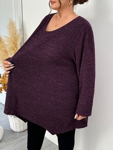 SHEIN CURVE+ 大尺碼女款休閒羅紋長袖T恤，秋冬紫色不對稱下擺，適合5XL-8XL尺寸 - 紫色 - 查看 3