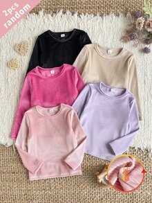 5pcs Randomly Sent 2pcs Autumn/Winter Girls Soft Comfortable Double-Sided Vertical Striped Fleece Pink Deep Pink Khaki Purple Black Multi-Color Randomly Sent Soft Comfortable Simple Long Sleeve Tops 2pcs Set Can Be Worn As Inner Layer Or Outerwear - Multicolor - View 3
