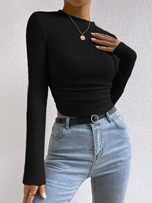 SHEIN Frenchy 女款素色極簡休閒長袖T恤 - 黑色 - 查看 3