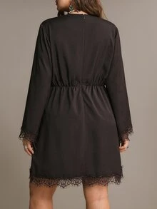 Freevana V-Neck Mini Dress With Lace Hem Bell Sleeves, Decorative Front Accent BohoWestern Chic Fall - Coffee Brown - View 2