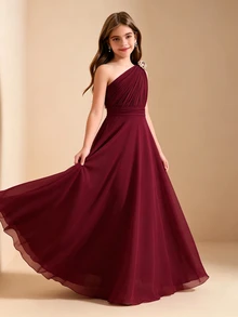 SHEIN 四季婚禮花童優雅舞會禮服，婚禮季百褶披肩雪紡兒童正式禮服，女童奢華時尚泡泡袖公主裙 - 酒紅色 - 查看 3