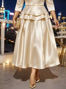 SHEIN Lady Plus Size Skirts Wedding Formal Dinner Champagne Winter Casual Elegant - Apricot - View 3