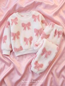 Cozy Pixies 女嬰針織仿毛毛蝴蝶結圖案圓領休閒上衣和長褲家居服兩件套 - 彩色 - 查看 1