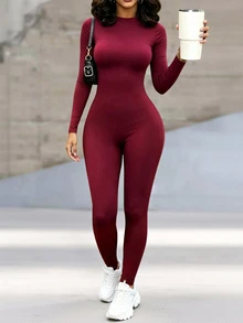 INAWLY Solva Women's Round Neck Long Sleeve Solid Color Fitted Jumpsuit - Burgundy - View 1