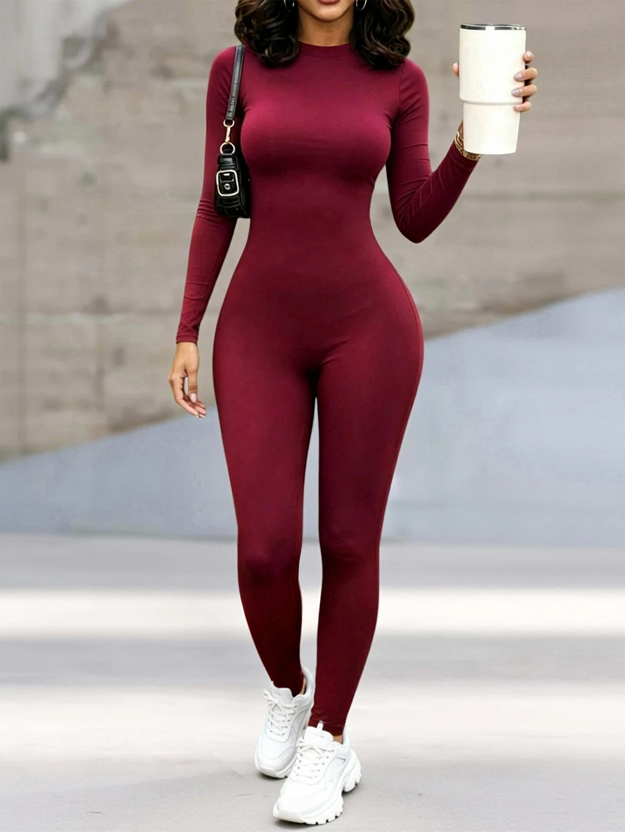 INAWLY Solva Women's Round Neck Long Sleeve Solid Color Fitted Jumpsuit - Burgundy - View 1
