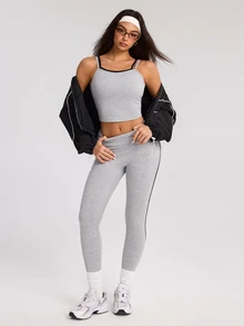 Dewbera Dewbera Women's Minimalist Tank Top And Striped Colorblock Long Pants Sports Set - Grey - View 7