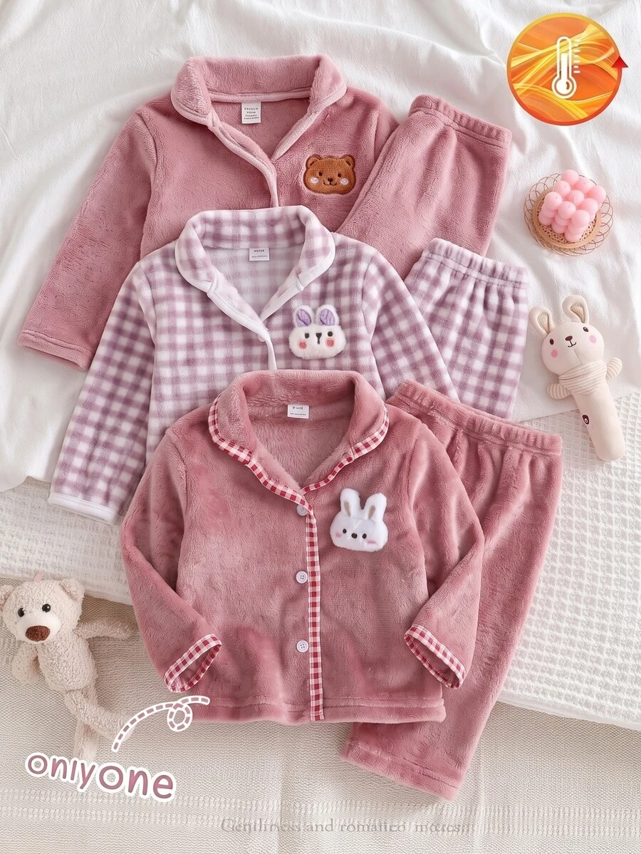 Infant Girl Pink Plush Lapel Front-Open Long Sleeve Pants Pajama Set - Burgundy - View 1