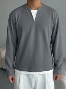 DAZY 春秋款長袖 2 合 1 素色天鵝絨面料杏色身白色領口與下擺男士 T 恤 - 深灰色 - 查看 5