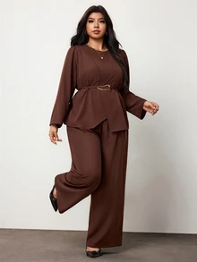 Enliva Plus Size Women's Two Pieces Pants Set Long Sleeve Belted Top Wide Leg Pants Elegant Outfit Flattering Compatible With Apple Shape Fall - Brown - View 6