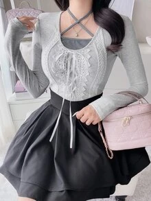 FRIFUL Women's Lace Patchwork Casual Daily T-Shirt - Grey - View 2