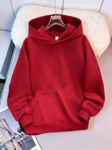 SHEIN 青少年男孩休閒寬鬆舒適百搭純色連帽衫，秋冬服飾 - 紅色 - 查看 3
