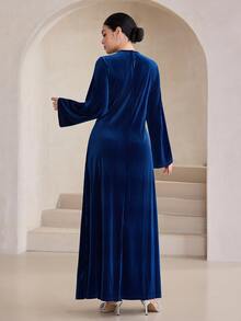Graceveil Women's Autumn/Winter/Spring Small Round Neck Long Sleeve Belt Pearl Decor Arabic Long Dress With Bell Sleeves, Suitable For Dating, Vacation, Party - Royal Blue - View 2