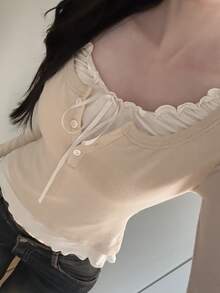 DAZY Patchwork Contrast Color Faux Two Pieces Fitted Long Sleeve Ruched Tie Casual Vacation Korean Style Girl Spring Autumn Women T-Shirt - Apricot - View 9