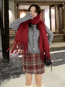 DAZY 女款酒紅色格紋聖誕高腰羊毛混紡A字短裙，復古百搭款 - 酒紅色 - 查看 8