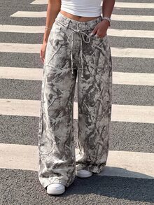 SHEIN EZwear 女款紋理圖案蝴蝶結裝飾口袋鈕扣寬鬆休閒牛仔褲 - 彩色 - 查看 4