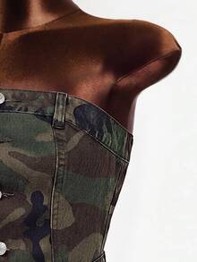 Mistrie Women's Outdoor Street Fashion Strapless Button-Front Multi-Pocket Camouflage Army Green Sexy Denim Dress - Army Green - View 5