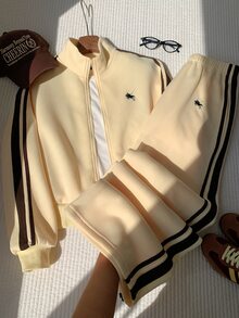Comfortcana Women's Streetwear Embroidered Zip-Up Jacket & Striped Colorblock Pants 2pcs Set - Light Yellow - View 1