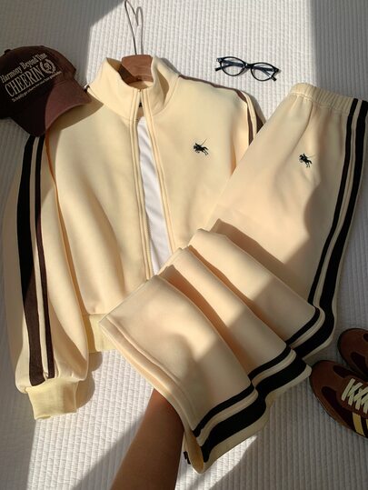 Comfortcana Women's Streetwear Embroidered Zip-Up Jacket & Striped Colorblock Pants 2pcs Set