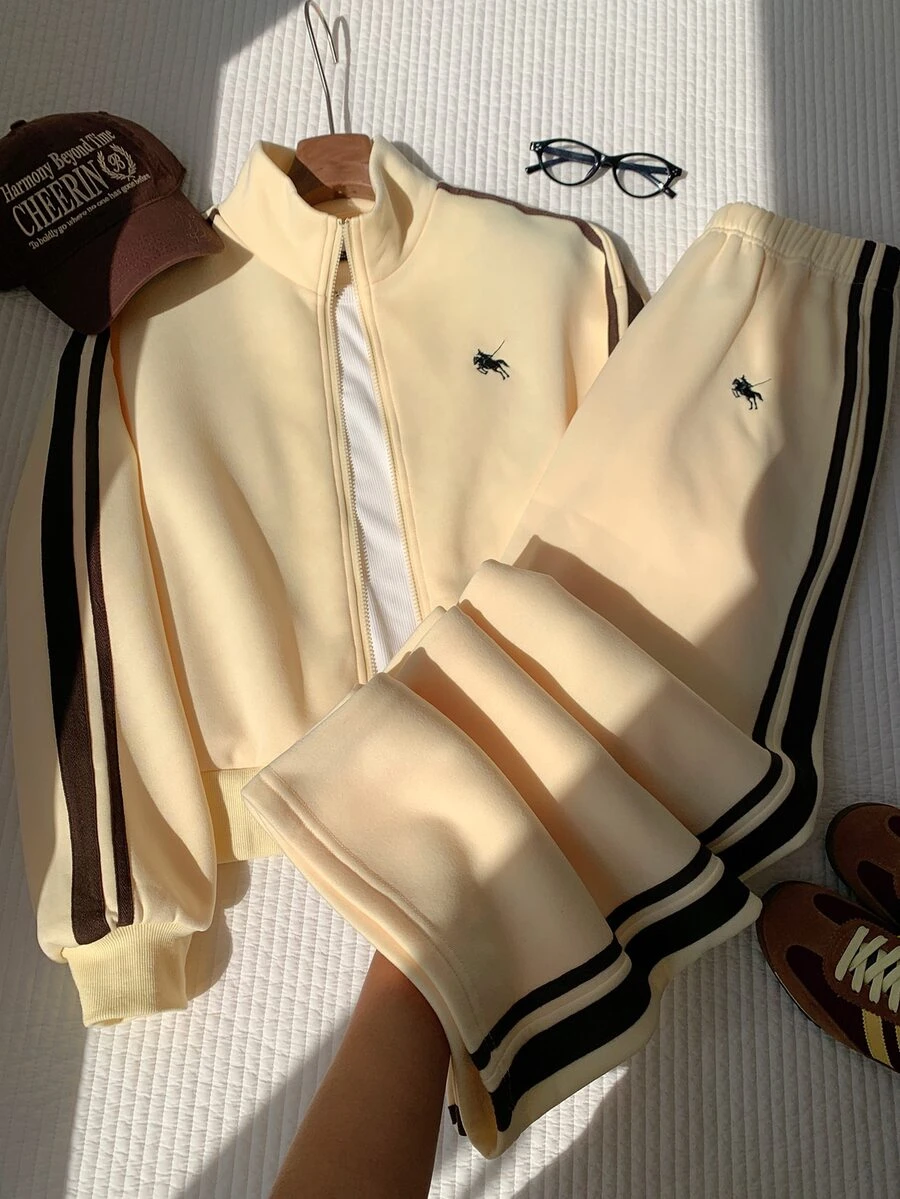 Comfortcana Women's Streetwear Embroidered Zip-Up Jacket & Striped Colorblock Pants 2pcs Set - Light Yellow - View 1