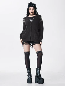 ROMWE Goth 龐克哥德金屬風尖頭鉚釘設計V領寬鬆針織開襟衫 - 深灰色 - 查看 3