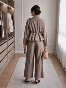 Easowa Women's Solid Color Pleated Long Sleeve Top And Pants Casual Daily Two Pieces Set - Khaki - View 4