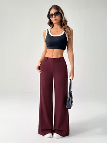 SHEIN PETITE بنطال بدلة كاجوال بخصر منخفض بتصميم شخصي جديد للخريف والشتاء - عنابي اللون - مشاهدة 4