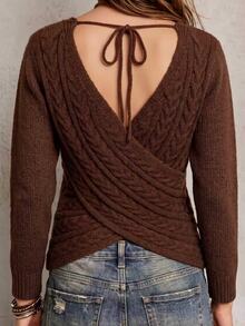 LUMIGAL Women's Ribbed Cross Wrap Vintage Long Sleeve Sweater - Coffee Brown - View 2