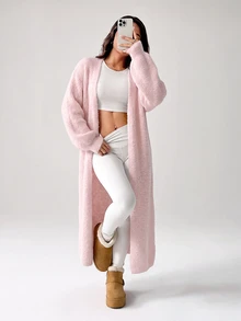 SHEIN PETITE 女款秋冬外出保暖針織開襟衫 - 淺粉色 - 查看 1