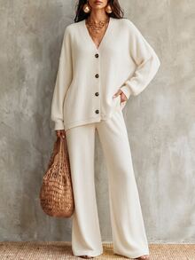 Glimmora New Women's Fashion Casual Versatile Ribbed Knit Cardigan & Pants Set - Apricot - View 4