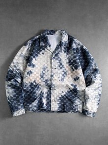 ROMWE MEN Digital Print Brand 3D Plaid American Vintage Bubble Check Tie-Dye 2 In 1 Shacket Unisex Double Layer Patchwork Gradient Old Blue & White Loose Lapel Workwear Jacket - Multicolor - View 1