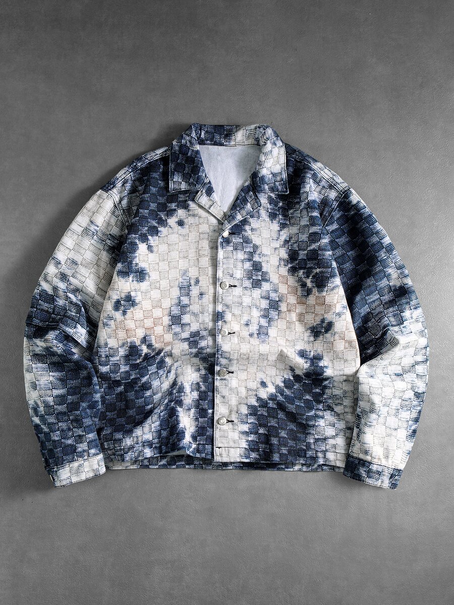 ROMWE MEN Digital Print Brand 3D Plaid American Vintage Bubble Check Tie-Dye 2 In 1 Shacket Unisex Double Layer Patchwork Gradient Old Blue & White Loose Lapel Workwear Jacket - Multicolor - View 1