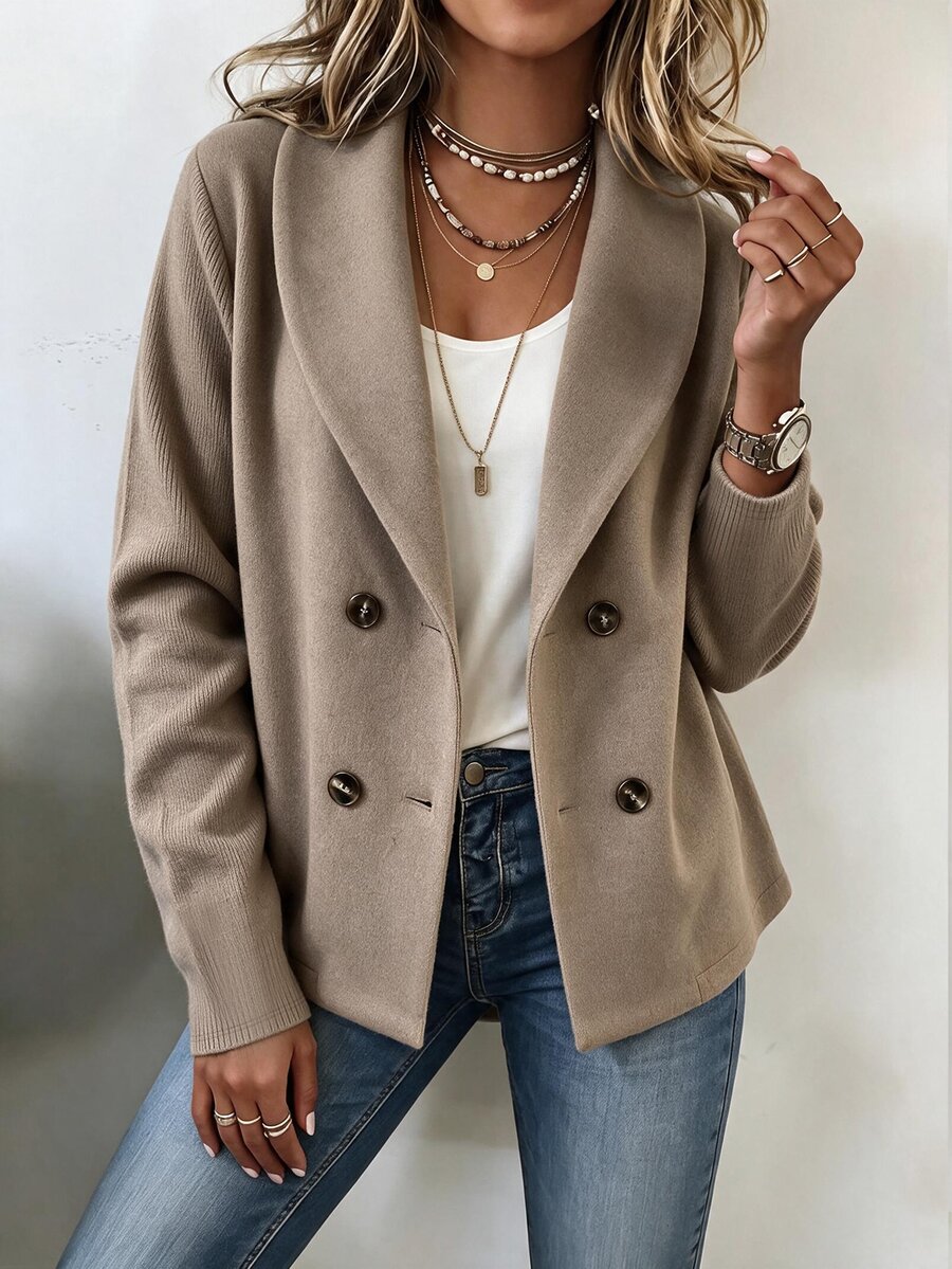 Holdful Holdful Women's Spring Autumn Camel Color Wool Blend Patchwork Knit 2 In 1 Jacket, Double Breasted Lapel Loose Casual Commuter Shopping Store Visit Layering Versatile Elegant Outerwear - Camel - View 1