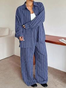 Dazy Plus Western Style Beach Vacation Solid Color Denim Effect Linen Material Loose Minimalist Spring Autumn Plus Size Women Two Pieces Set - Royal Blue - View 7