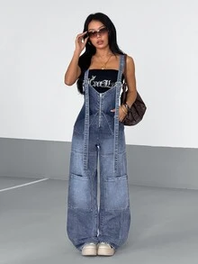 StreetHx Women's Slim High Waist Pocket Zipper Casual Denim Overalls - Blue - View 4