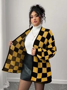 Elenzga 秋冬時尚休閒配色拼接棋盤格女款長袖寬鬆顯瘦大尺碼針織外套，外穿，萬聖節 - 黃色 - 查看 8