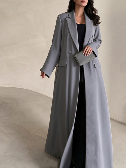 Yasmyna Women's Grey Woven Lapel Fabric Button Long Sleeve Romantic Elegant Commute Abaya