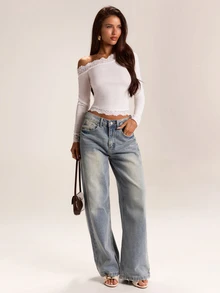 SHEIN BAE ملابس علوية نسائية محبوكة بأكمام طويلة بتصميم كتف غير متماثل مع رقعات دانتيل بلون أبيض سادة لفصل الخريف/الشتاء - أبيض - مشاهدة 3