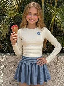 SHEIN Kids Tween Girl Spring Autumn Winter Cute Casual Knitted Textured Decor Long Sleeve Top & Mini Skirt Set, Short Sleeve Top & Pleated Mini Skirt - Blue - View 1