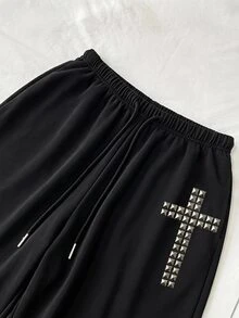 Attitoon 女款秋冬極簡前綁帶寬鬆運動褲，休閒日常穿搭，適合返校季，前交叉熱轉印圖案，逼真紋理，街頭時尚高端簡約酷感機車風工裝褲，時尚Y2K - 黑色 - 查看 5