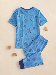 SpongeBob SquarePants | SHEIN 大童男孩卡通印花短袖上衣與長褲休閒日常居家睡衣套裝 - 藍色 - 查看 2