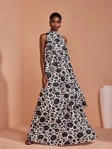JIAN LASALA Knit Floral Print Halter Neckline Sleeveless Multi Uneven Ruffle Hemline Long Dress Elegant - Black and White - View 3