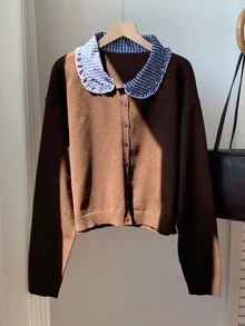 Comfortcana Winter Holiday Cottagecore Knitwear For Cafe Date Night Featuring Blue Plaid Patchwork Contrast And - Brown - View 5