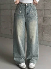 Dazy Plus Rhinestone Studded Korean Style Loose Fit Distressed Casual Denim Jeans All Season - Medium Wash - View 5