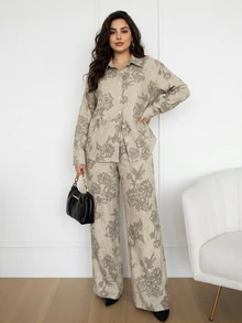 Dazy Plus Printed Floral Pattern Commuter Office Wear Shirt & Pants 2pcs Set Spring Autumn New Arrival - Khaki - View 4
